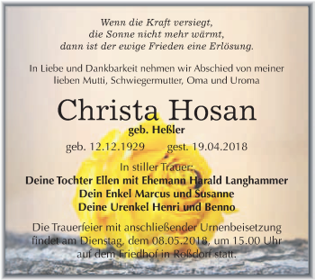 Traueranzeige von Christa Hosan von WVG - Wochenspiegel Bitterfeld