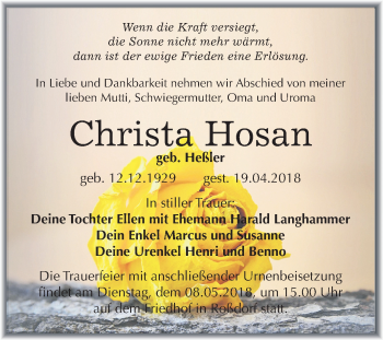 Traueranzeige von Christa Hosan von Mitteldeutsche Zeitung Bitterfeld