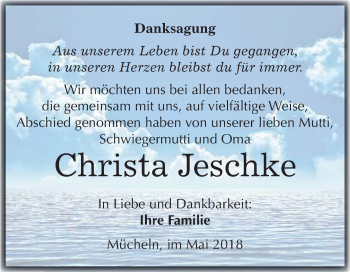 Traueranzeige von Christa Jeschke von Mitteldeutsche Zeitung Merseburg/Querfurt