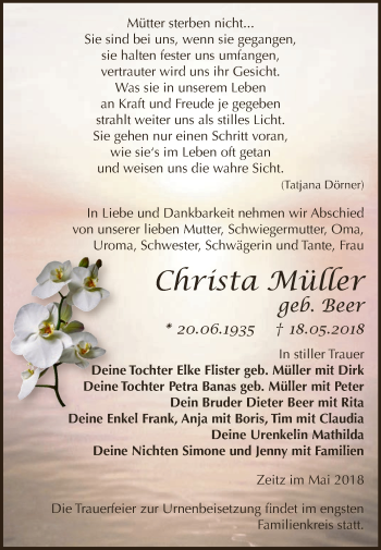 Traueranzeige von Christa Müller von Super Sonntag Zeitz