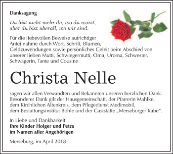 Traueranzeige von Christa Nelle von WVG - Wochenspiegel Merseburg