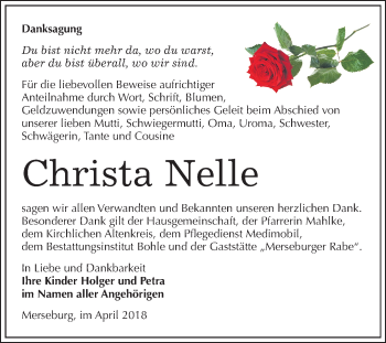 Traueranzeige von Christa Nelle von Mitteldeutsche Zeitung Merseburg/Querfurt