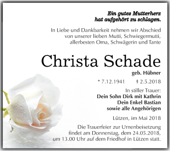 Traueranzeige von Christa Schade von Super Sonntag Merseburg