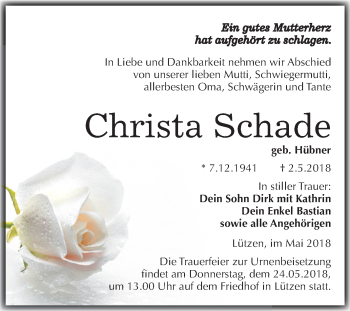 Traueranzeige von Christa Schade von Mitteldeutsche Zeitung Weißenfels