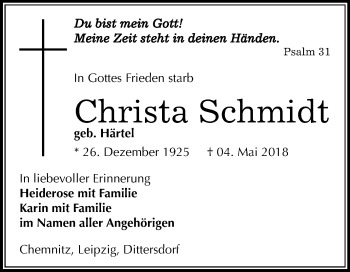 Traueranzeige von Christa Schmidt von Mitteldeutsche Zeitung Sangerhausen