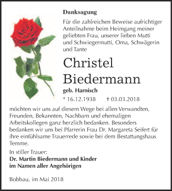 Traueranzeige von Christel Biedermann von WVG - Wochenspiegel Bitterfeld