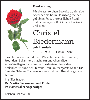 Traueranzeige von Christel Biedermann von Mitteldeutsche Zeitung Bitterfeld