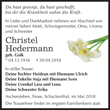 Traueranzeige von Christel Hedermann von Mitteldeutsche Zeitung Aschersleben