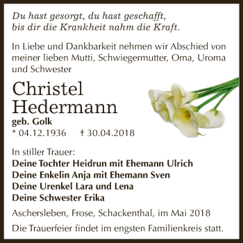 Traueranzeige von Christel Hedermann von Super Sonntag Aschersleben