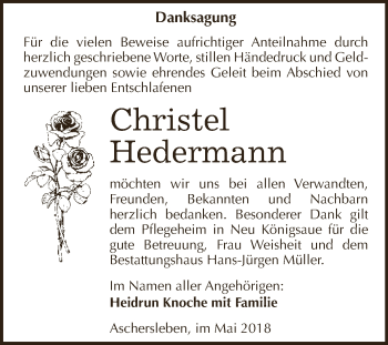 Traueranzeige von Christel Hedermann von Super Sonntag Aschersleben