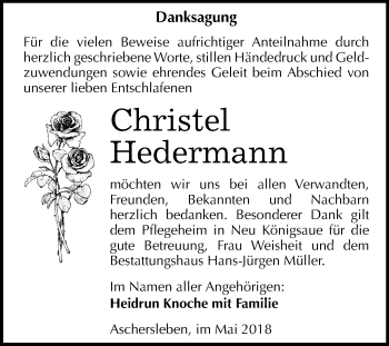 Traueranzeige von Christel Hedermann von Mitteldeutsche Zeitung Aschersleben