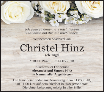 Traueranzeige von Christel Hinz von Mitteldeutsche Zeitung