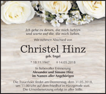 Traueranzeige von Christel Hinz von WVG - Wochenspiegel Quedlinburg