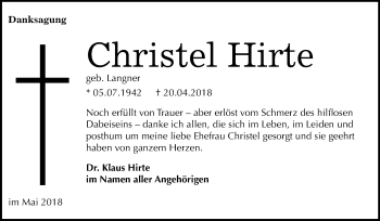 Traueranzeige von Christel Hirte von Mitteldeutsche Zeitung Bitterfeld