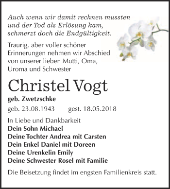 Traueranzeige von Christel Vogt von WVG - Wochenspiegel Wittenberg