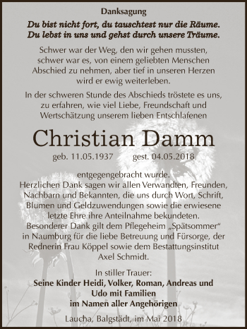 Traueranzeige von Christian Damm von WVG - Wochenspiegel NMB / WSF / ZTZ