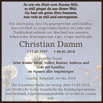 Traueranzeige von Christian Damm von WVG - Wochenspiegel NMB / WSF / ZTZ