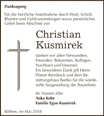 Traueranzeige von Christian Kusmirek von WVG - Wochenspiegel Dessau / Köthen