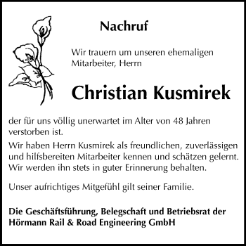 Traueranzeige von Christian Kusmirek von Mitteldeutsche Zeitung Köthen