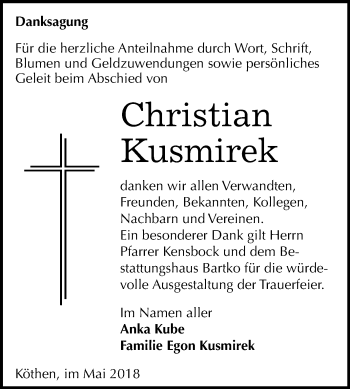 Traueranzeige von Christian Kusmirek von Mitteldeutsche Zeitung Köthen
