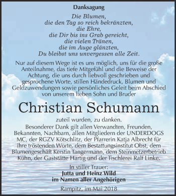 Traueranzeige von Christian Schumann von Super Sonntag Merseburg