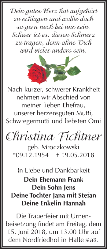 Traueranzeige von Christina Fichtner von Mitteldeutsche Zeitung Halle/Saalkreis