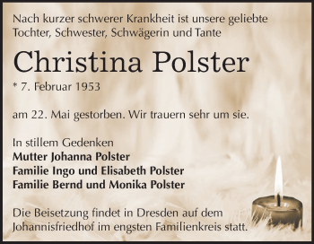 Traueranzeige von Christina Polster von Mitteldeutsche Zeitung Bernburg