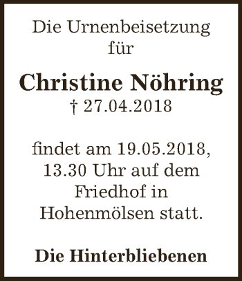 Traueranzeige von Christine Nöhring von WVG - Wochenspiegel NMB / WSF / ZTZ