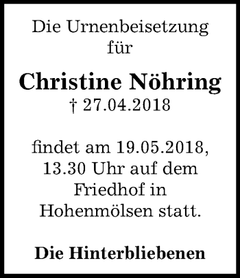 Traueranzeige von Christine Nöhring von Mitteldeutsche Zeitung Weißenfels