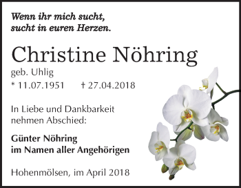 Traueranzeige von Christine Nöhring von Mitteldeutsche Zeitung Weißenfels