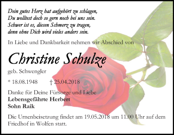Traueranzeige von Christine Schulze von Mitteldeutsche Zeitung Bitterfeld
