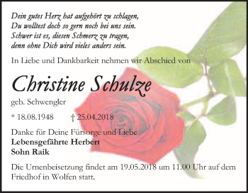 Traueranzeige von Christine Schulze von WVG - Wochenspiegel Bitterfeld
