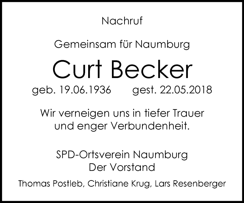  Traueranzeige für Curt Becker vom 25.05.2018 aus Mitteldeutsche Zeitung