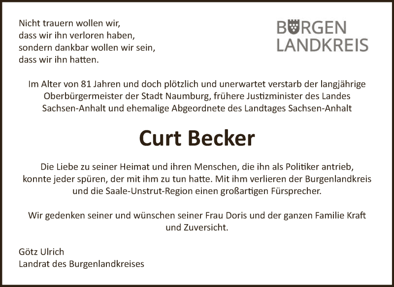  Traueranzeige für Curt Becker vom 26.05.2018 aus WVG - Wochenspiegel NMB / WSF / ZTZ