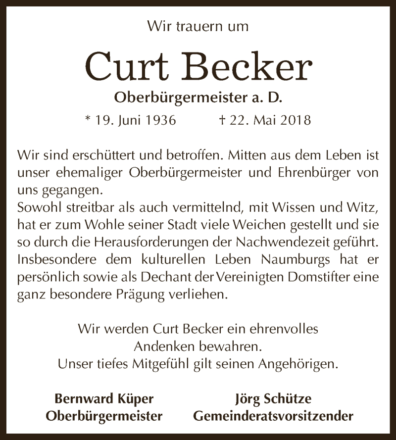  Traueranzeige für Curt Becker vom 26.05.2018 aus WVG - Wochenspiegel NMB / WSF / ZTZ