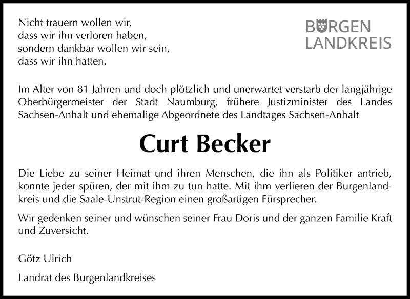  Traueranzeige für Curt Becker vom 25.05.2018 aus Mitteldeutsche Zeitung