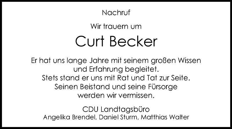  Traueranzeige für Curt Becker vom 25.05.2018 aus Mitteldeutsche Zeitung