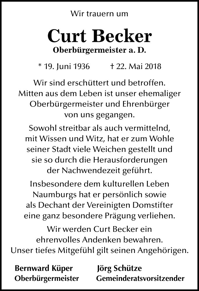  Traueranzeige für Curt Becker vom 25.05.2018 aus Mitteldeutsche Zeitung