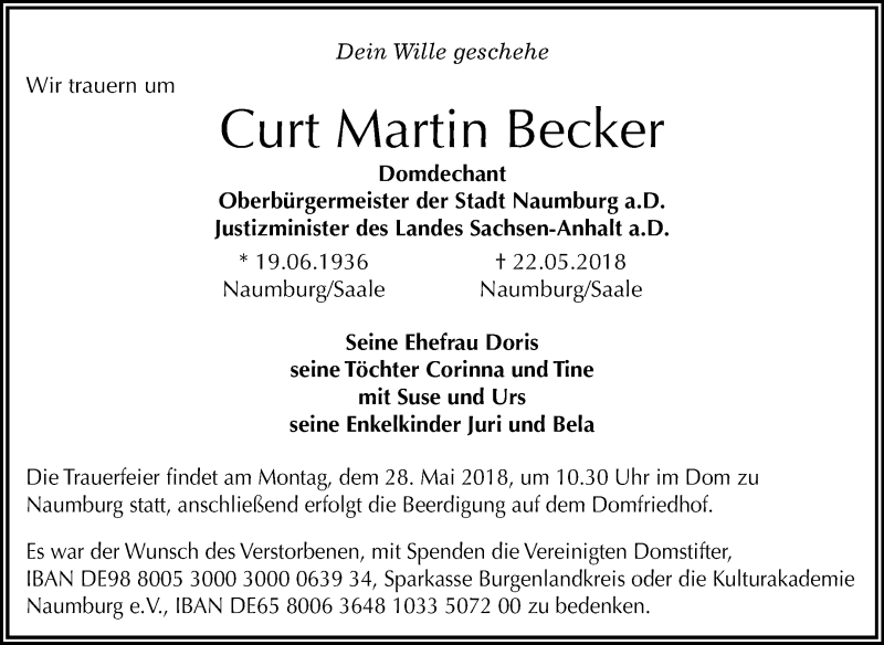  Traueranzeige für Curt Becker vom 25.05.2018 aus Mitteldeutsche Zeitung