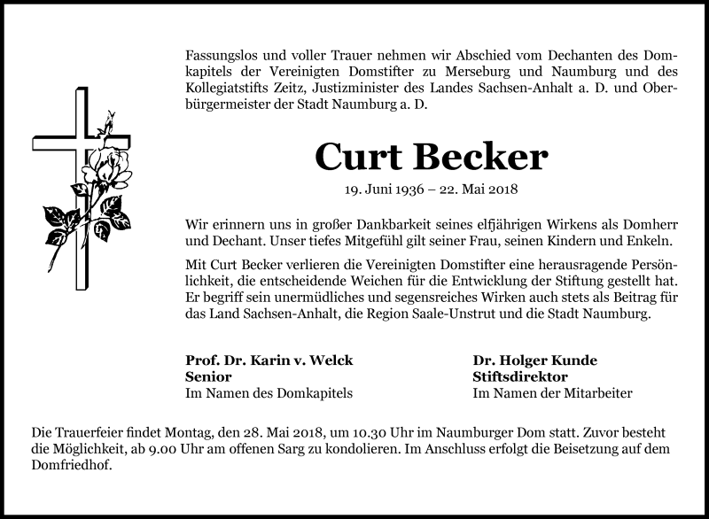  Traueranzeige für Curt Becker vom 25.05.2018 aus Mitteldeutsche Zeitung