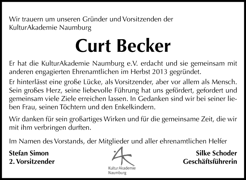  Traueranzeige für Curt Becker vom 25.05.2018 aus Mitteldeutsche Zeitung