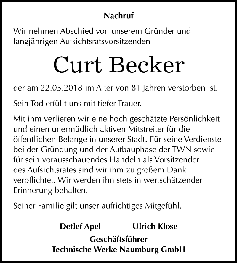  Traueranzeige für Curt Becker vom 30.05.2018 aus Mitteldeutsche Zeitung