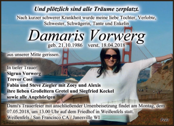 Traueranzeige von Damaris Vorwerg von WVG - Wochenspiegel NMB / WSF / ZTZ