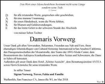 Traueranzeige von Damaris Vorwerg von Mitteldeutsche Zeitung Weißenfels