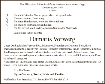 Traueranzeige von Damaris Vorwerg von WVG - Wochenspiegel NMB / WSF / ZTZ