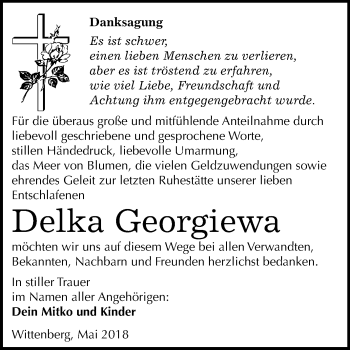 Traueranzeige von Delka Georgiewa von Mitteldeutsche Zeitung