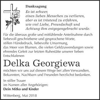 Traueranzeige von Delka Georgiewa von Super Sonntag Wittenberg