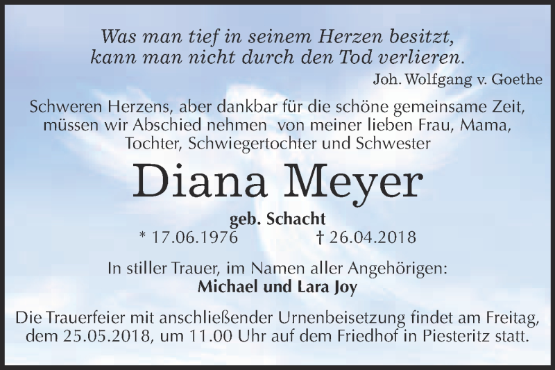  Traueranzeige für Diana Meyer vom 05.05.2018 aus Super Sonntag Wittenberg