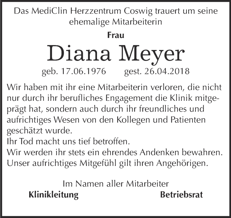  Traueranzeige für Diana Meyer vom 19.05.2018 aus Super Sonntag Wittenberg
