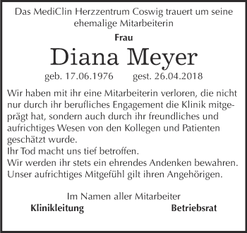 Traueranzeige von Diana Meyer von Super Sonntag Wittenberg